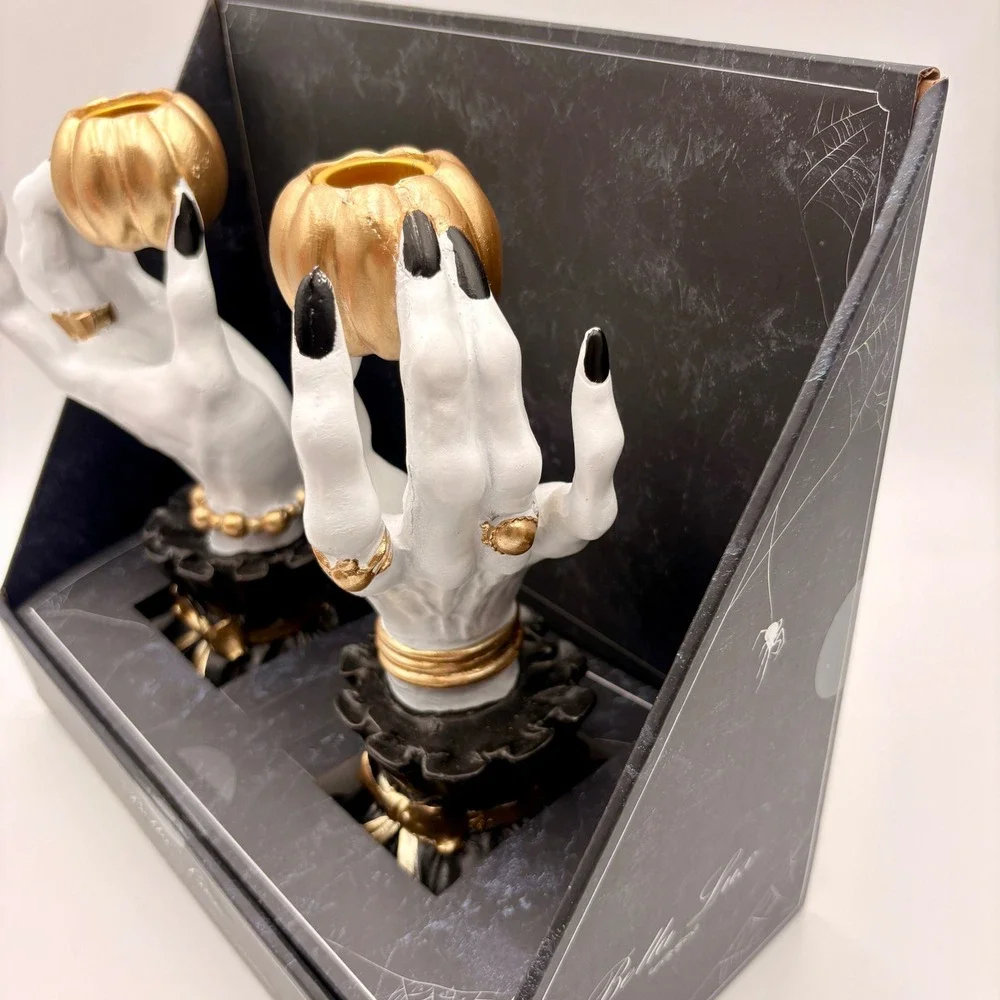 Bella Lux Halloween Skeleton Hand Gold Pumpkin Candle Holder Set of 2 White Gold